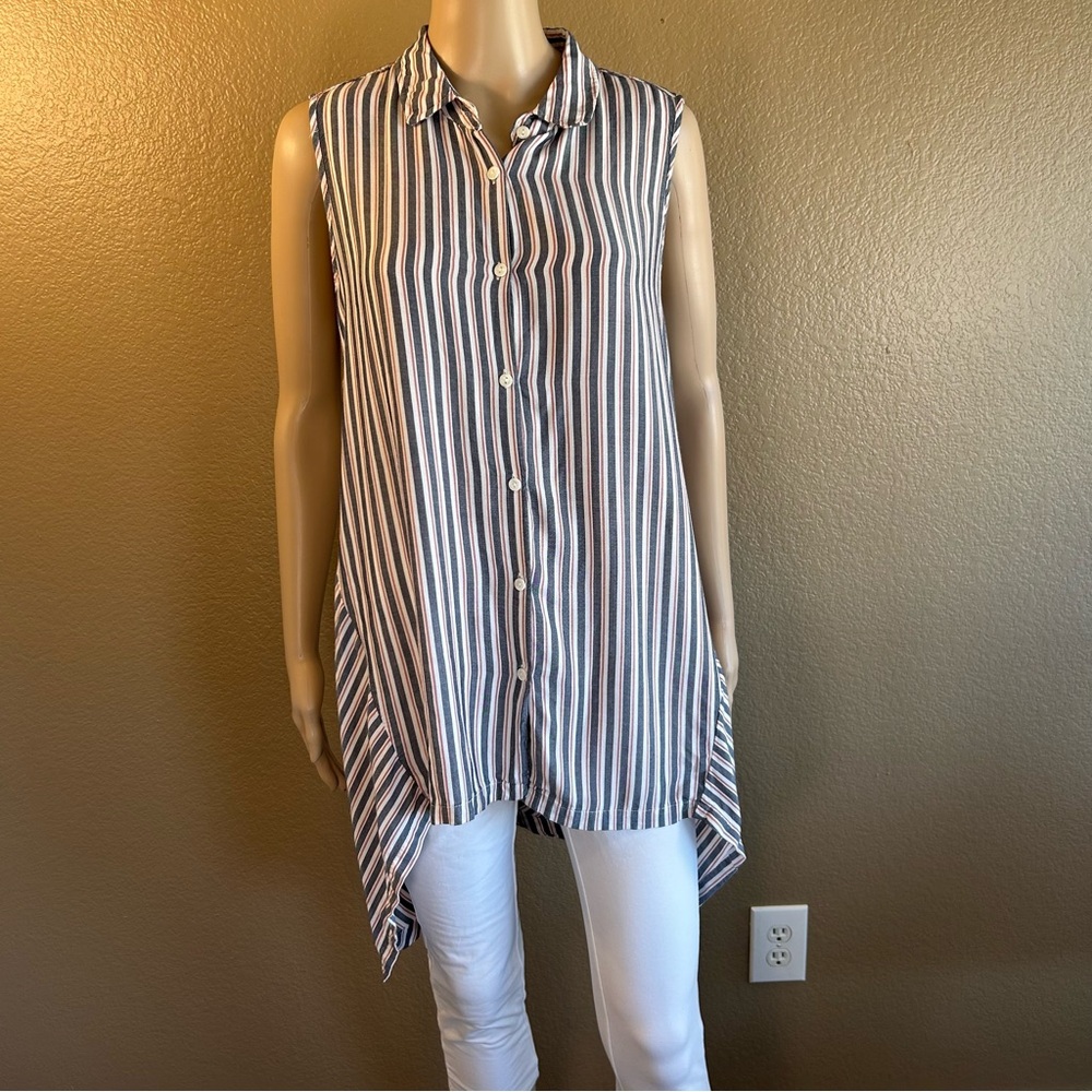 Max Studio Womens Striped Sleeveless Tunic Top L High Low Button Front Rayon
